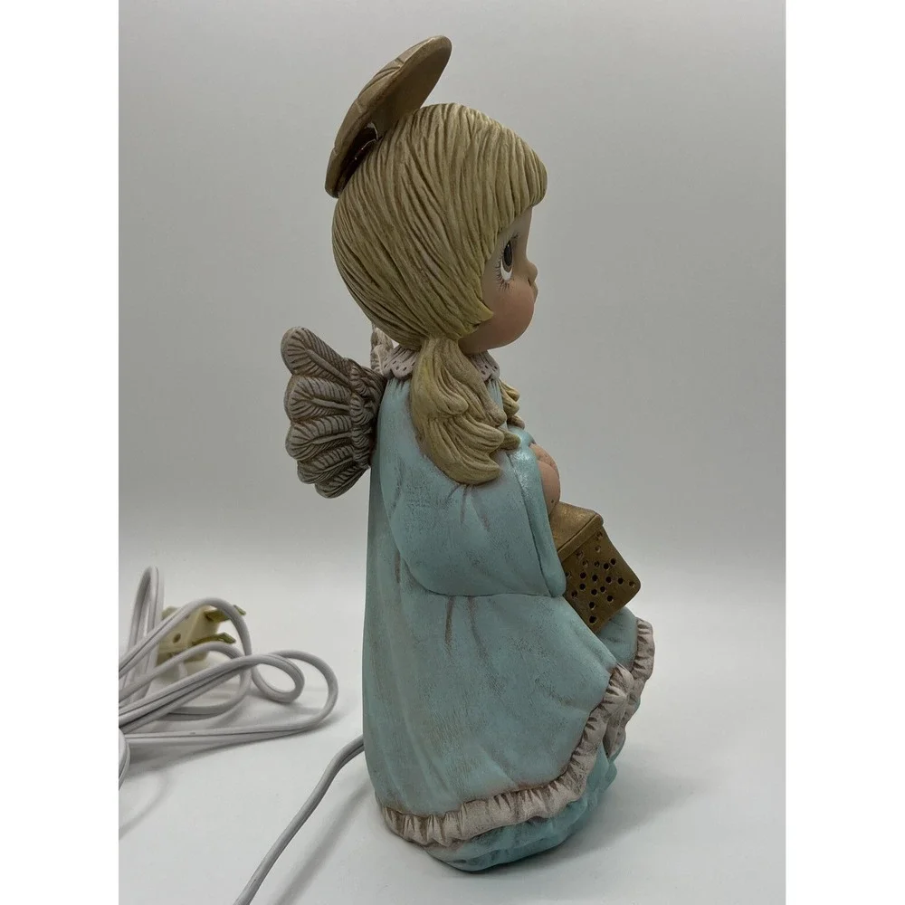 Vintage Angel Night Light Lamp Big Eyes Ceramic Figurine Blue Dress Halo Lantern